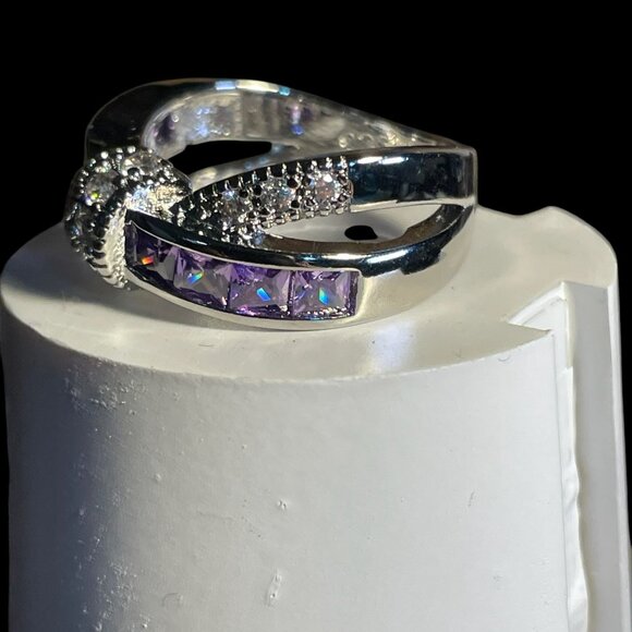 Sterling Silver Amethyst Ring Elegant Crossover Design Retro Gift Size 6 3/4 - Picture 2 of 9